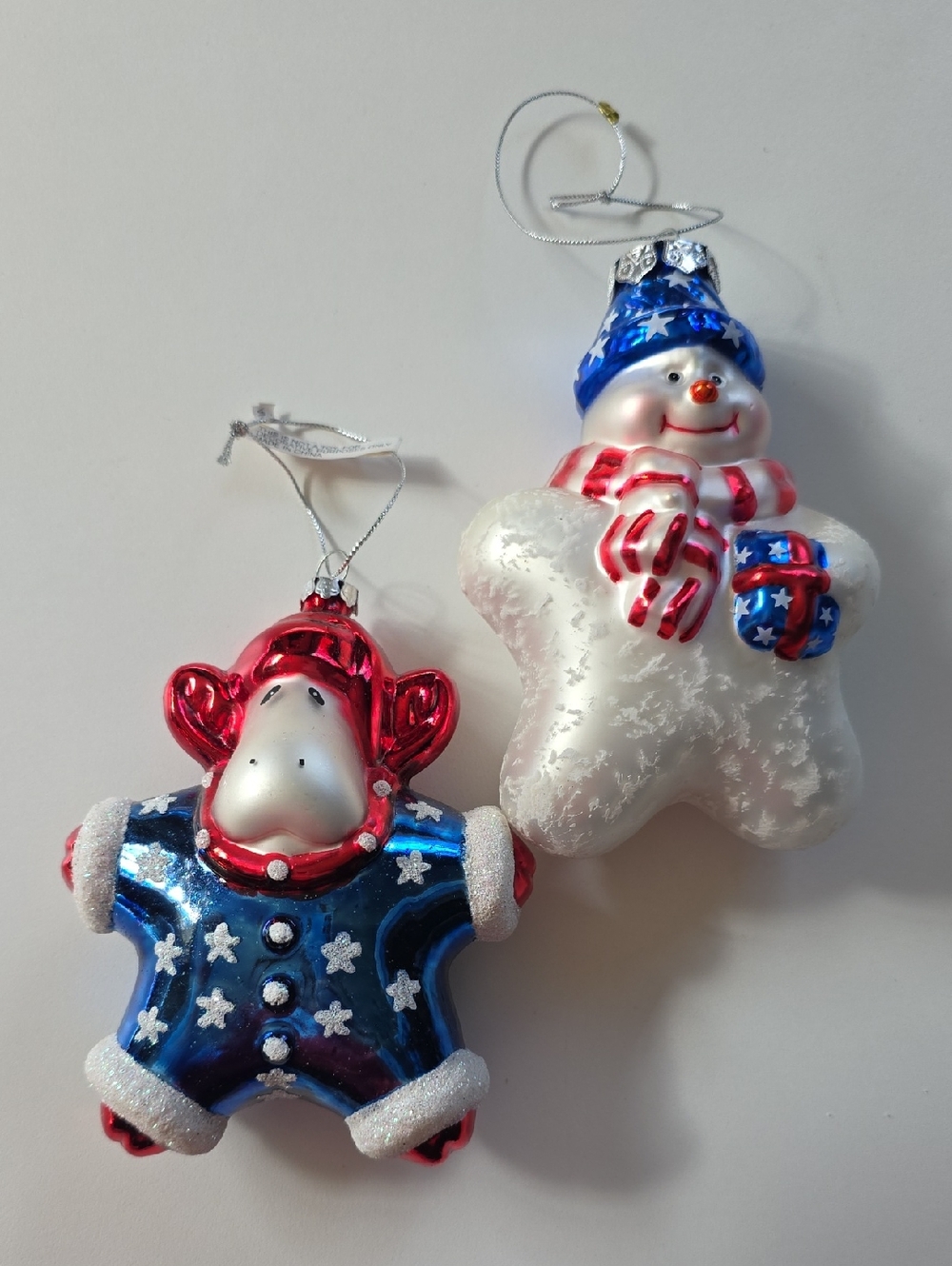 Patriotic Ornaments Blown Glass Red White Blue Stars Snowman And Cow